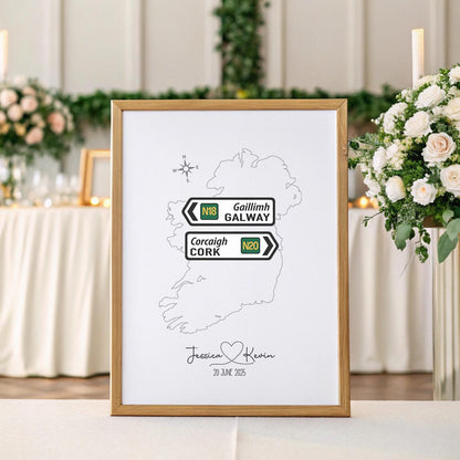 Personalised Irish Wedding Road Sign Print – Custom Map of Ireland with Names & Date – Available in A2, A3, A4 or Digital Download