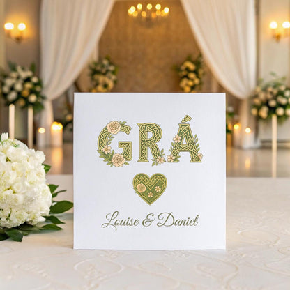 Personalised Irish Wedding Card – GRÁ Celtic Design with Names, Floral Knot Keepsake