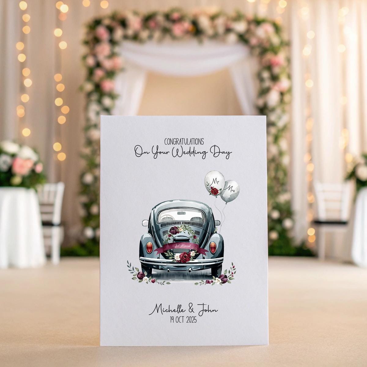 Custom Wedding Card | Just Married Car Card | Personalised Names & Date | A5 Linen Wedding Card | Bride and Groom Gift | Wedding Keepsake