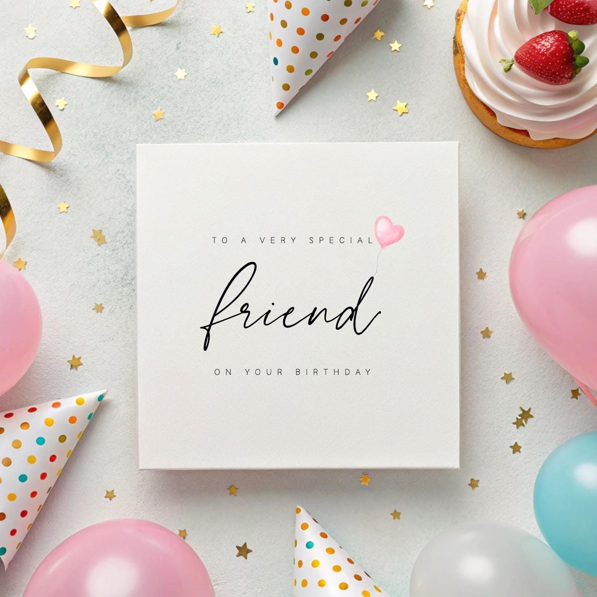 Birthday Card for Special Friend – Heart Balloon Design – 6x6" Hammered White Matte Card