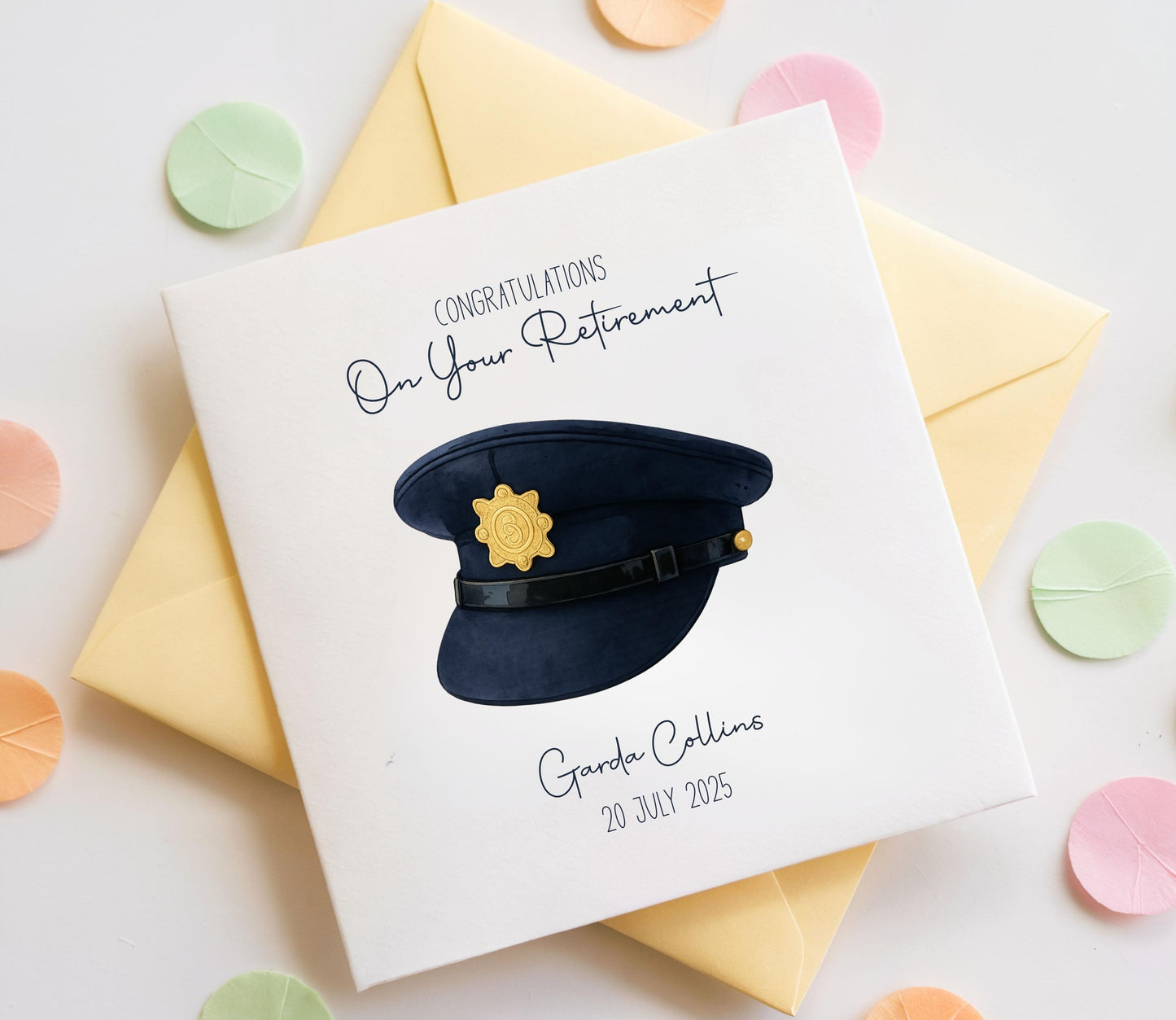 Personalised Garda Retirement Card – Illustrated Hat Keepsake with Custom Name & Date