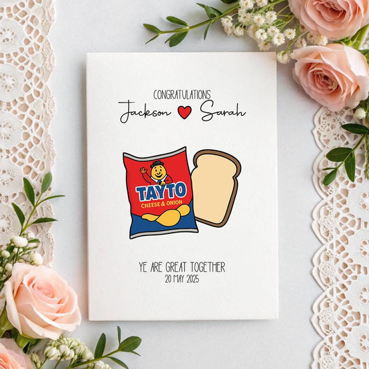 Funny Irish Wedding Card – Tayto & Bread ‘Ye Are Great Together’ A5 Linen, Names & Date