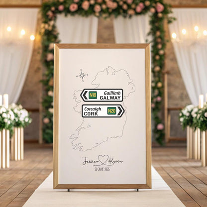 Personalised Irish Wedding Road Sign Print – Custom Map of Ireland with Names & Date – Available in A2, A3, A4 or Digital Download
