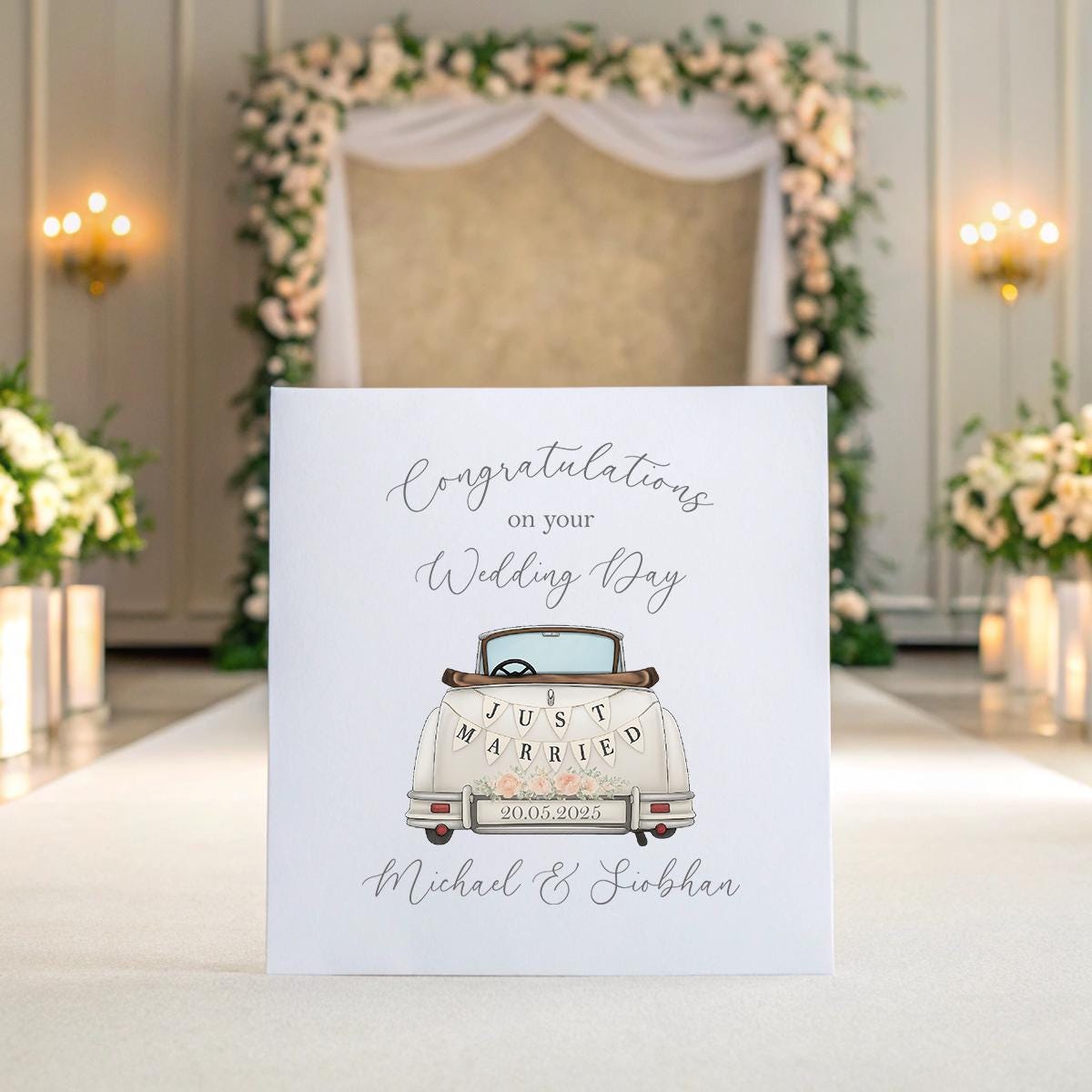 Personalised ‘Just Married’ Wedding Card – Vintage Car Design, Names & Date Keepsake