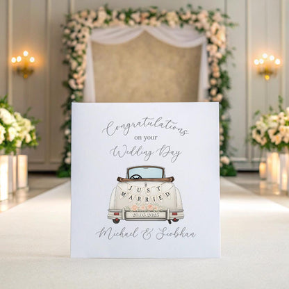Personalised ‘Just Married’ Wedding Card – Vintage Car Design, Names & Date Keepsake