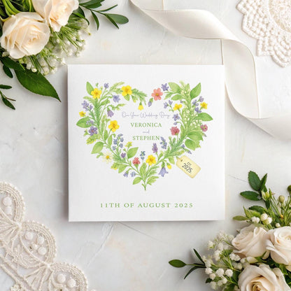 Personalised Irish Wedding Card – Wild Flower Heart, Bride & Groom Names + Date, Romantic Keepsake