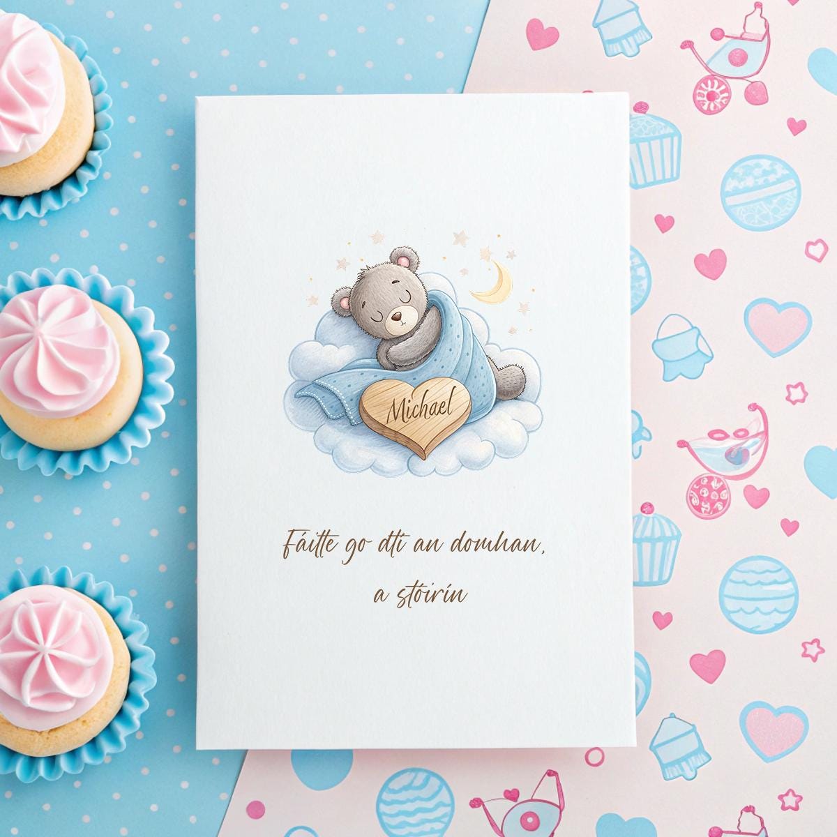 Irish Baby Card – Personalised Newborn Name, Fáilte go dtí an Domhan, A Stóirín – Cute Sleeping Bear Design