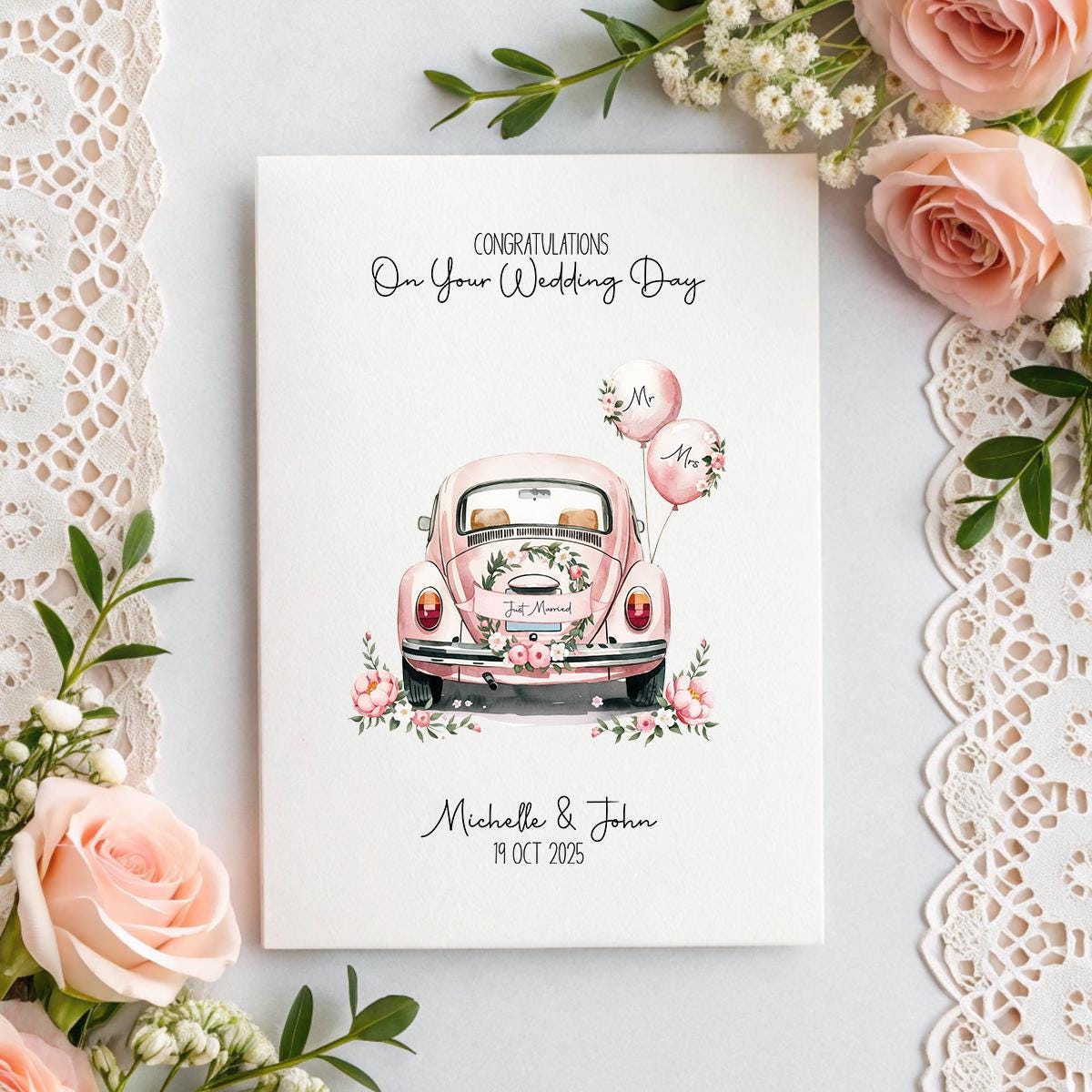 Personalised Soft Pink Just Married Car Wedding Card – A5 Linen Keepsake with Names & Date