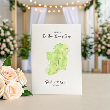 Personalised Ireland Wedding Map Card – Custom Names & Date, 5x7 Gift keepsake