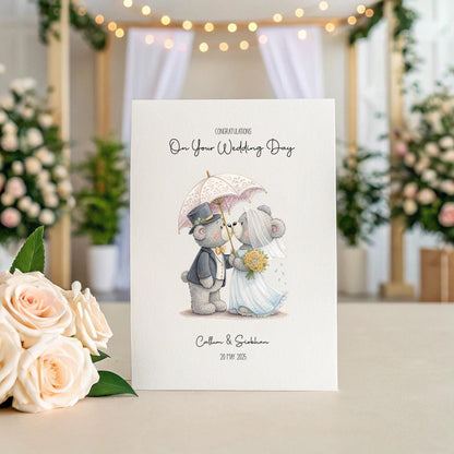 Personalised Cute Bear Wedding Card – A5 Linen Keepsake with Custom Names & Date