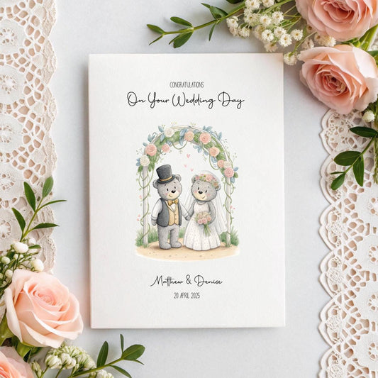 Personalised Wedding Card | Bear Bride and Groom Card | Custom Names & Date | A5 Linen Wedding Card | Cute Wedding Card | Handmade Keepsake