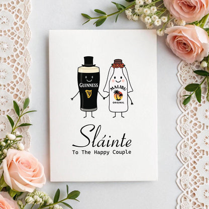 Irish Wedding or Engagement Card, Sláinte Guinness and Malibu Design, 5x7 Linen Textured Personalised Keepsake