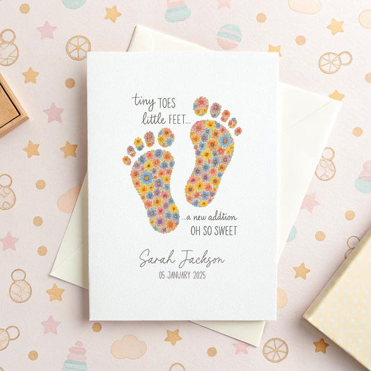 Personalised New Baby Card – Floral Baby Footprint Design, Custom Name & Date, Newborn Greeting