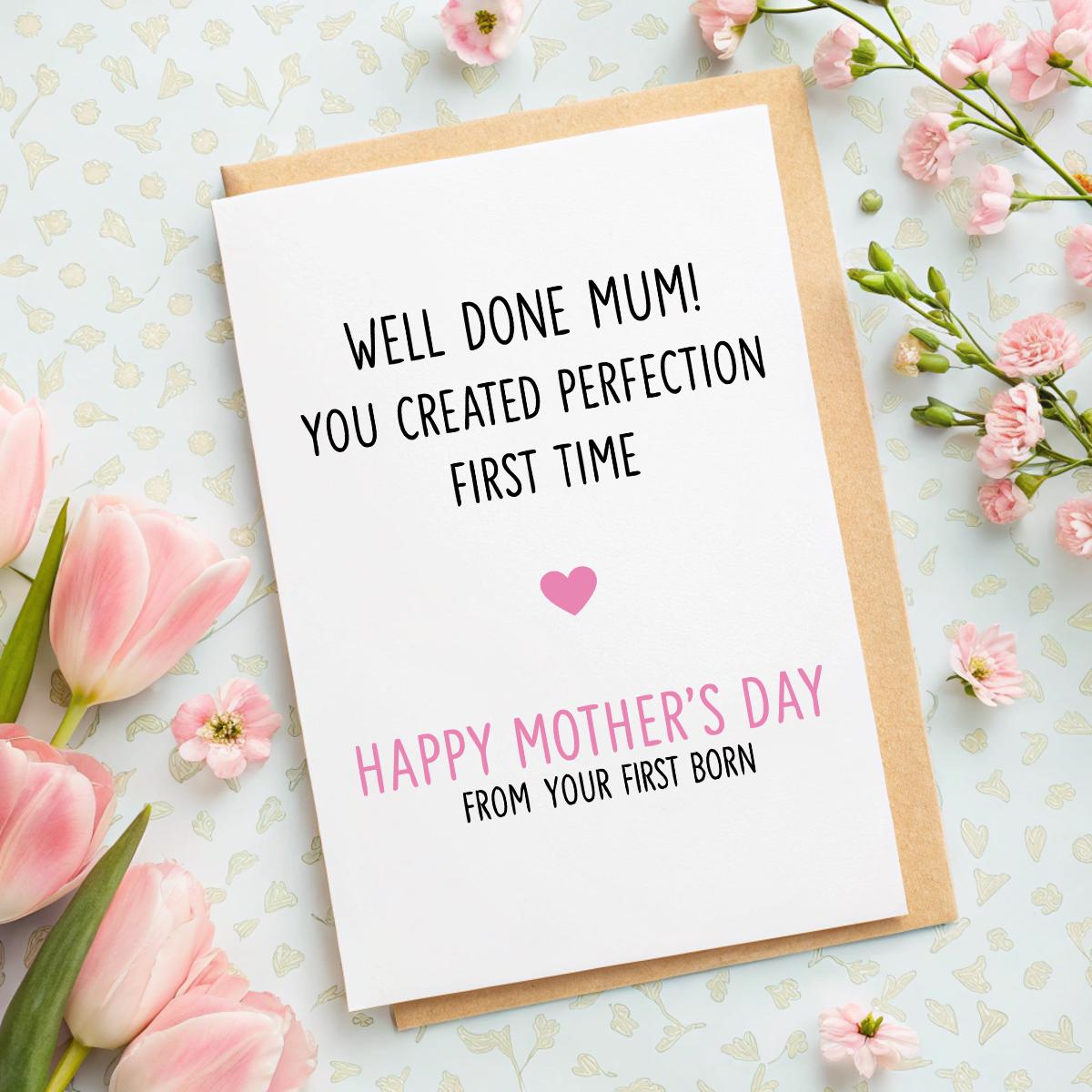 Personalised First‑Born Mother’s Day Card – Funny A5 Linen ‘Well Done Mum’, Name Option