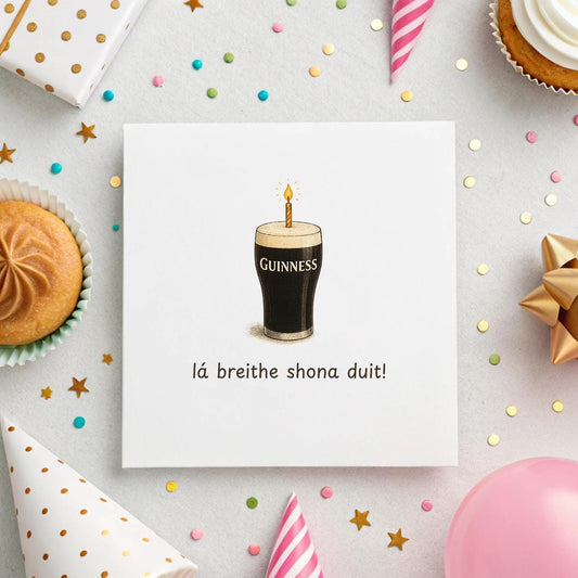 Irish Birthday Card – Pint of stout with Candle Design – “Lá Breithe Shona Duit” – 6x6" Hammered Card