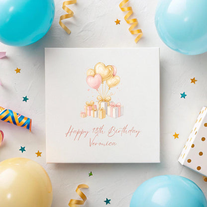 Personalised Birthday Card – Balloon + Gift Design – Custom Age & Name – 6x6" Hammered Card