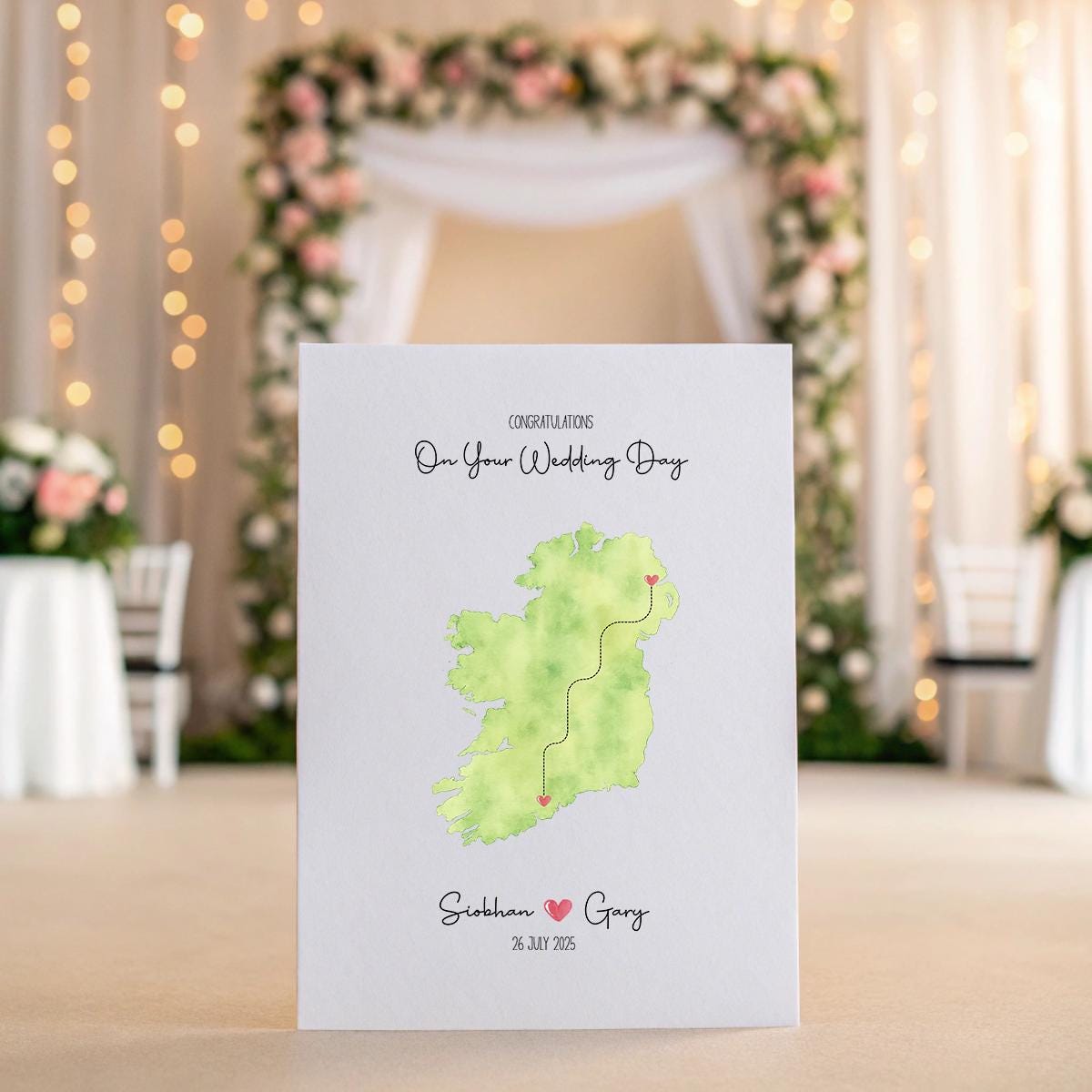 Personalised Ireland Wedding Map Card – Custom Names & Date, 5x7 Gift keepsake