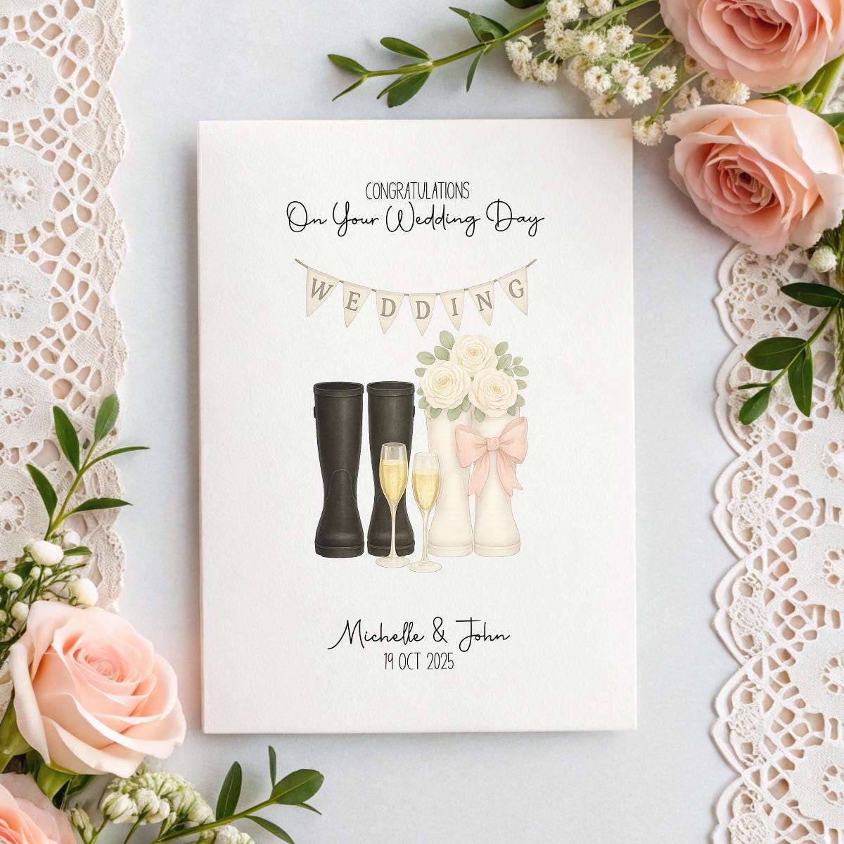 Rustic Wedding Wellies Card – A5 Linen Keepsake with Champagne & Roses, Custom Names & Date