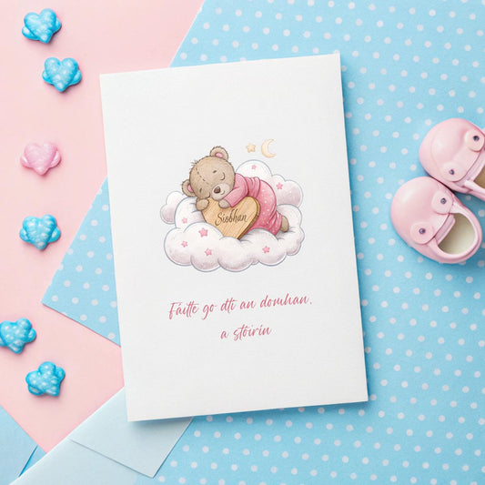 Personalised New Baby Girl Card in Irish – Sleeping Teddy Design, Custom Name, Fáilte Card for Newborn