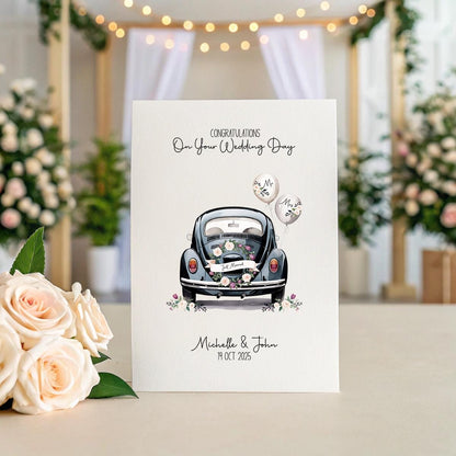 Personalised Wedding Card | Just Married Car Card | A5 Linen Wedding Card | Custom Names & Date | Bride Groom Gift | Romantic Wedding Card