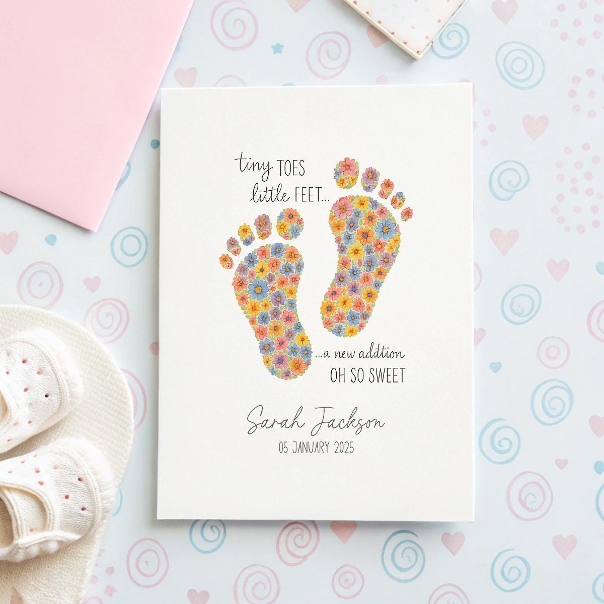 Personalised New Baby Card – Floral Baby Footprint Design, Custom Name & Date, Newborn Greeting