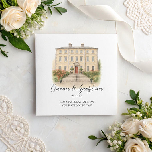 Custom Wedding Venue Card – Personalised Venue Sketch with Names & Date – Watercolor Wedding or Anniversary Keepsake