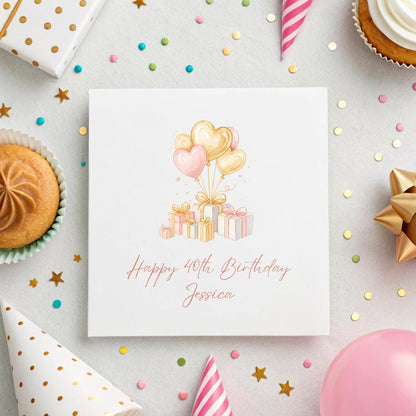 Personalised Birthday Card – Balloon + Gift Design – Custom Age & Name – 6x6" Hammered Card