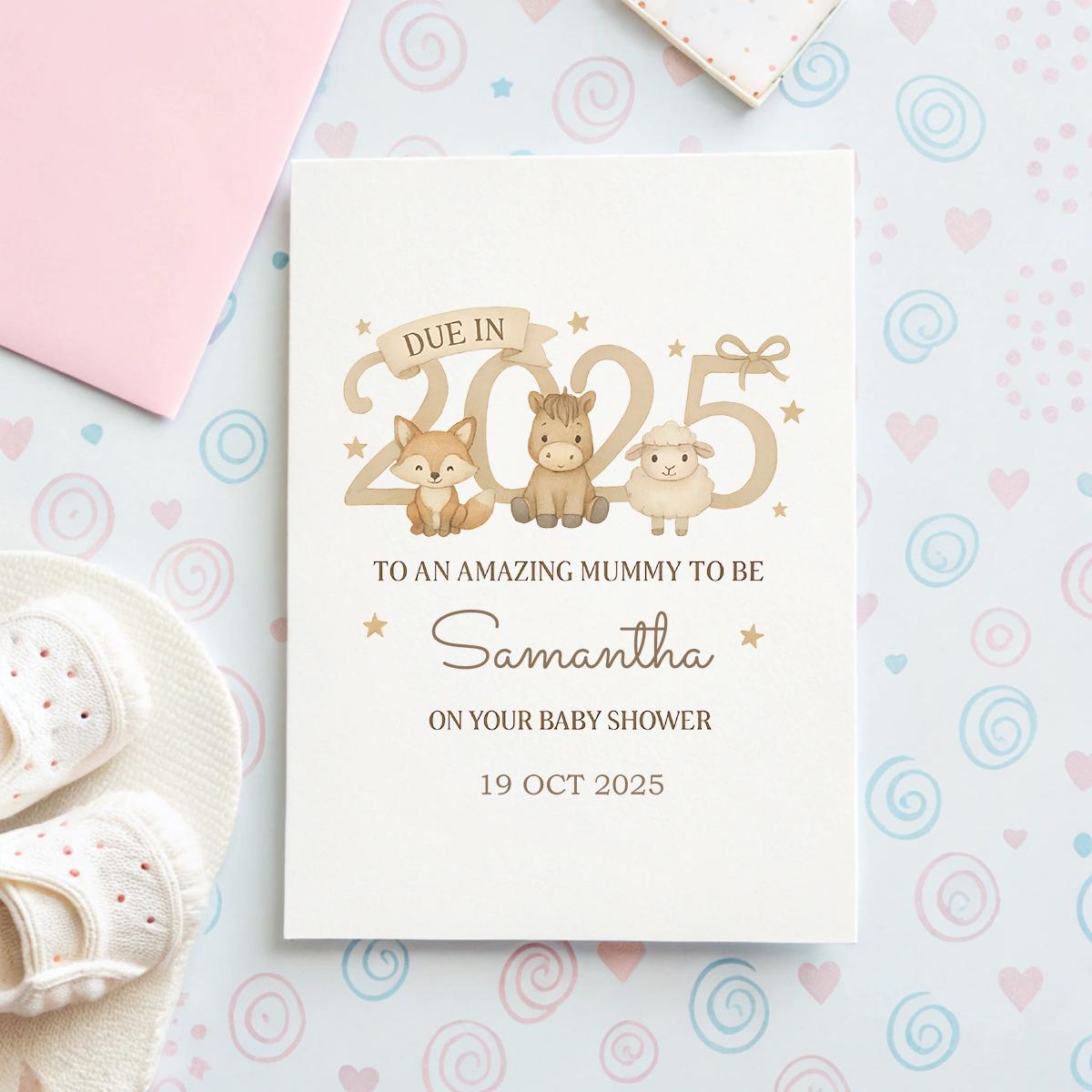 Personalised Baby Shower Card 2025 – Woodland Animals, Custom Name & Date, Mummy to Be Gift