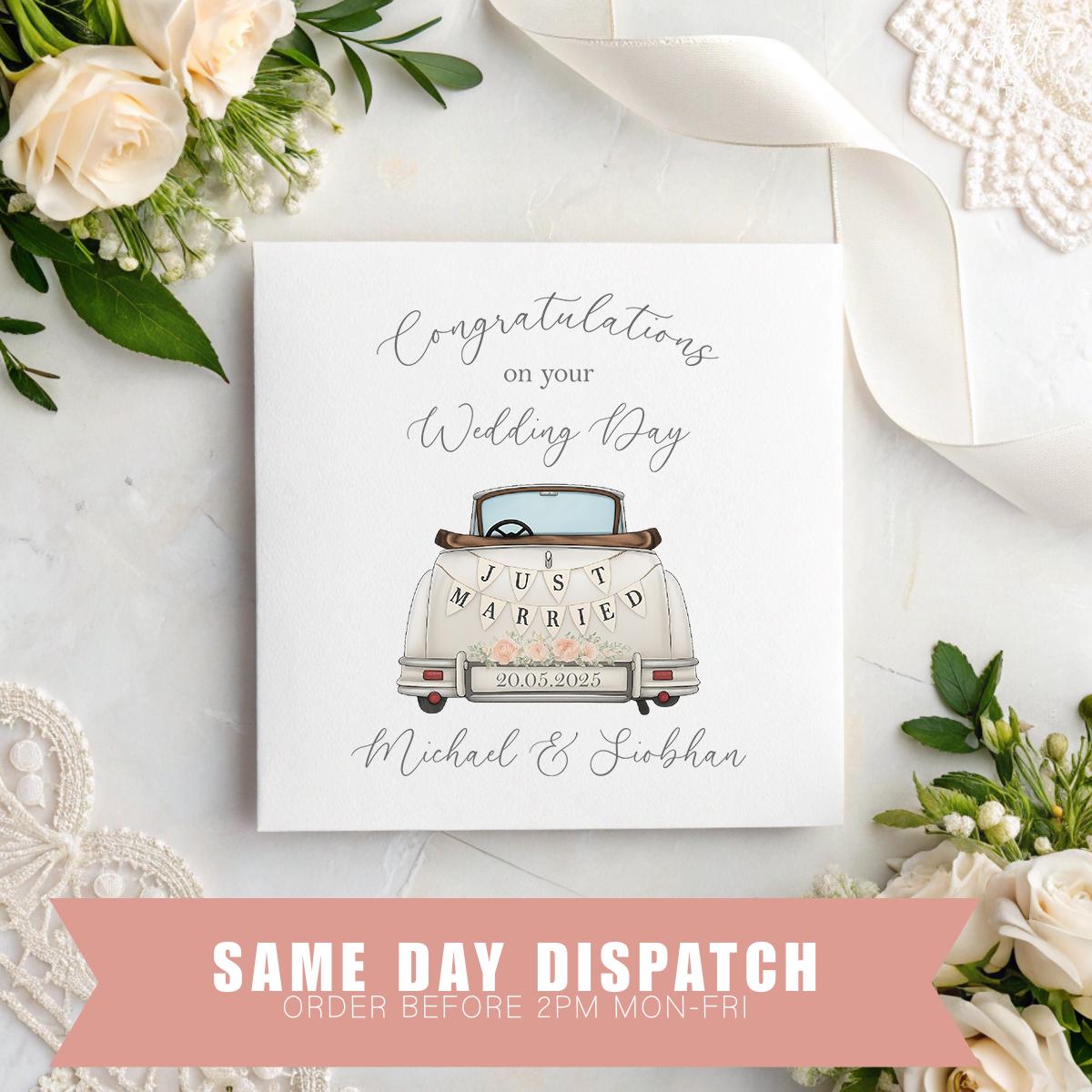 Personalised ‘Just Married’ Wedding Card – Vintage Car Design, Names & Date Keepsake