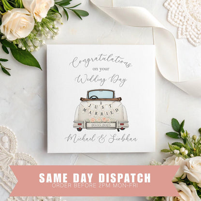 Personalised ‘Just Married’ Wedding Card – Vintage Car Design, Names & Date Keepsake