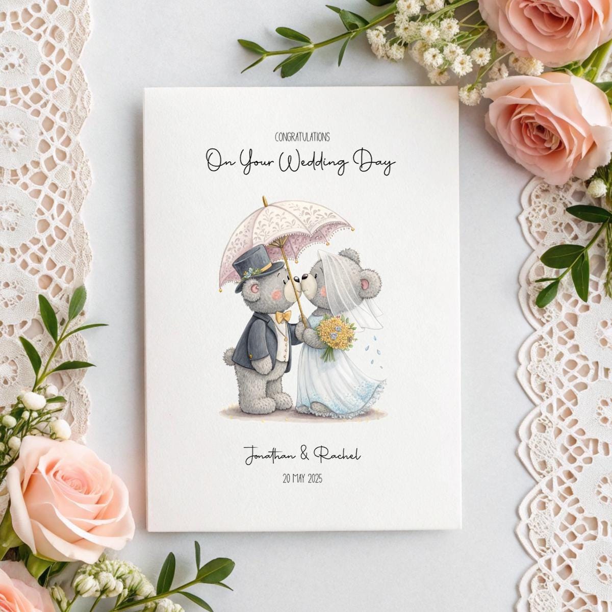 Personalised Cute Bear Wedding Card – A5 Linen Keepsake with Custom Names & Date