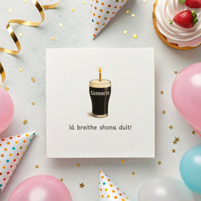 Irish Birthday Card – Pint of stout with Candle Design – “Lá Breithe Shona Duit” – 6x6" Hammered Card