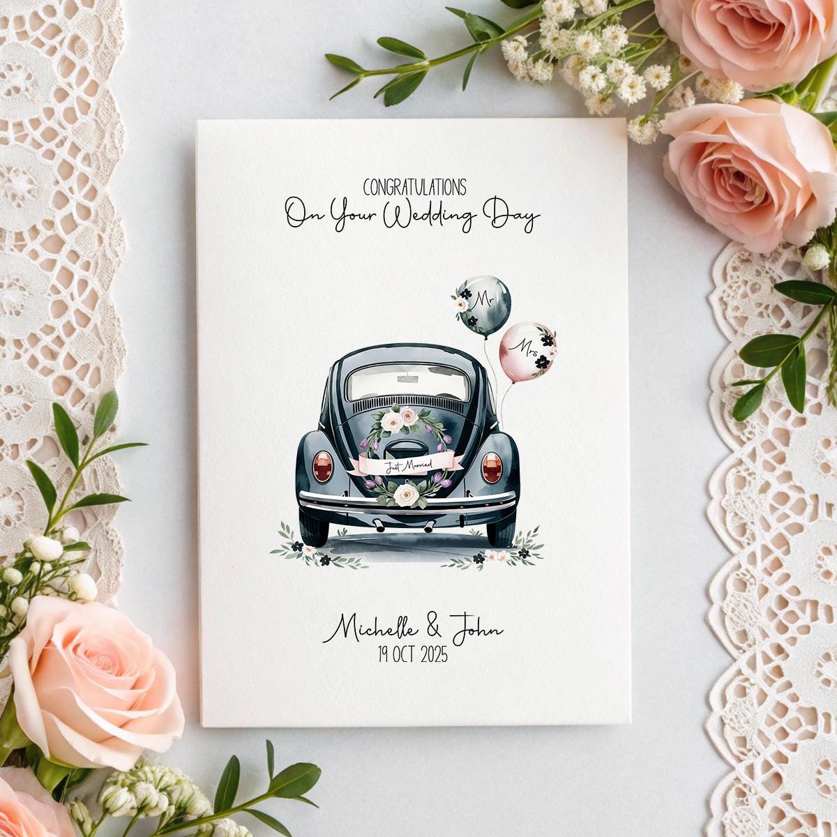 Personalised Just Married Car Wedding Card – A5 Linen Keepsake with Names & Date