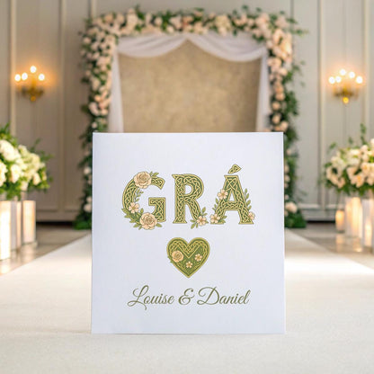 Personalised Irish Wedding Card – GRÁ Celtic Design with Names, Floral Knot Keepsake