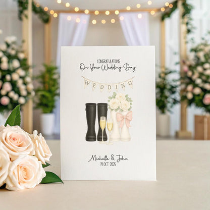 Rustic Wedding Wellies Card – A5 Linen Keepsake with Champagne & Roses, Custom Names & Date