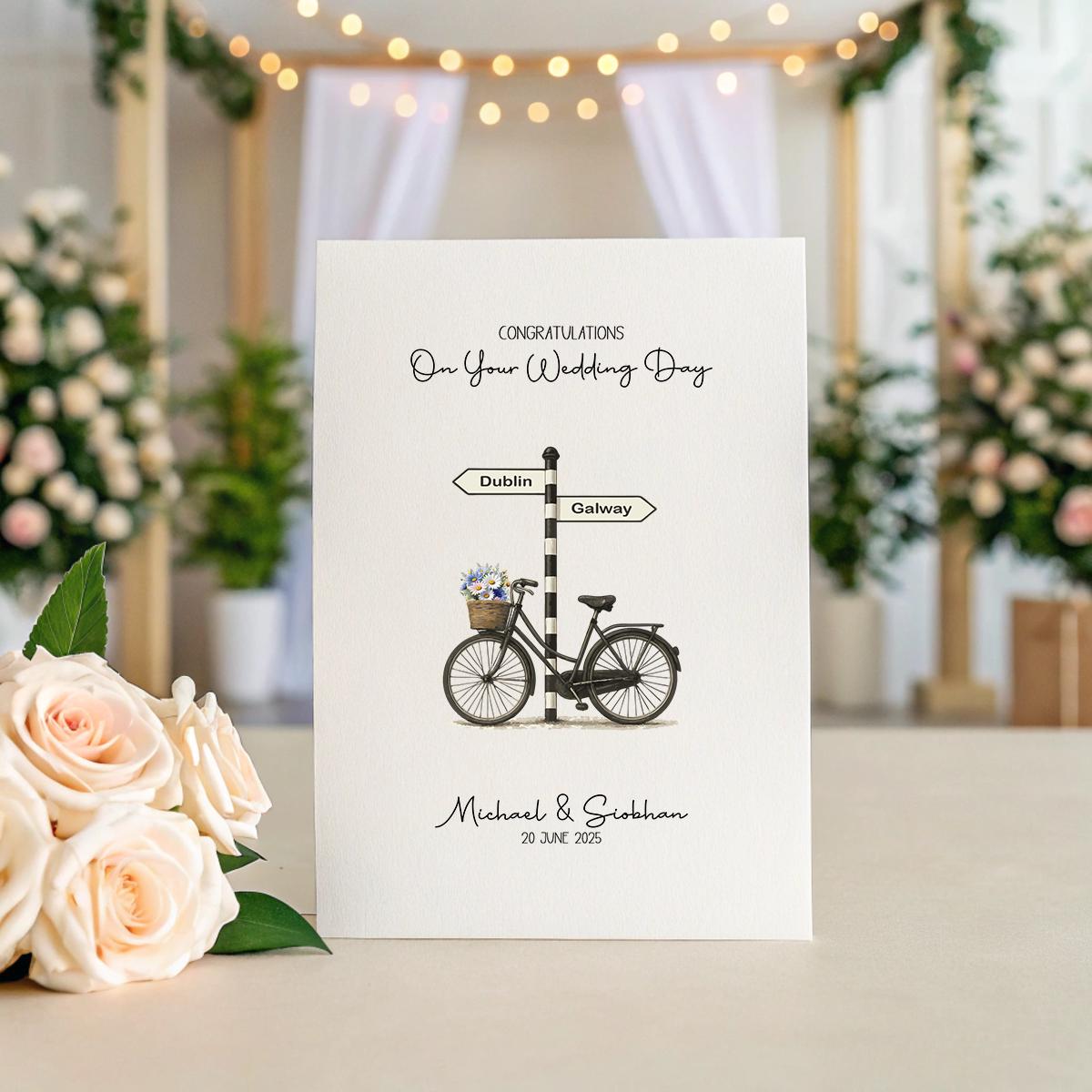 Personalised Wedding Card – Custom Irish Signpost & Bike, County, Names + Date, Unique Wedding Greeting