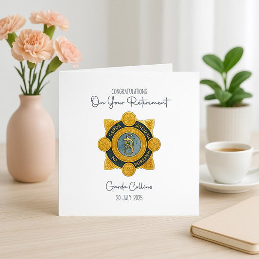 Personalised Garda Retirement Card – Gold Badge Keepsake with Name & Date