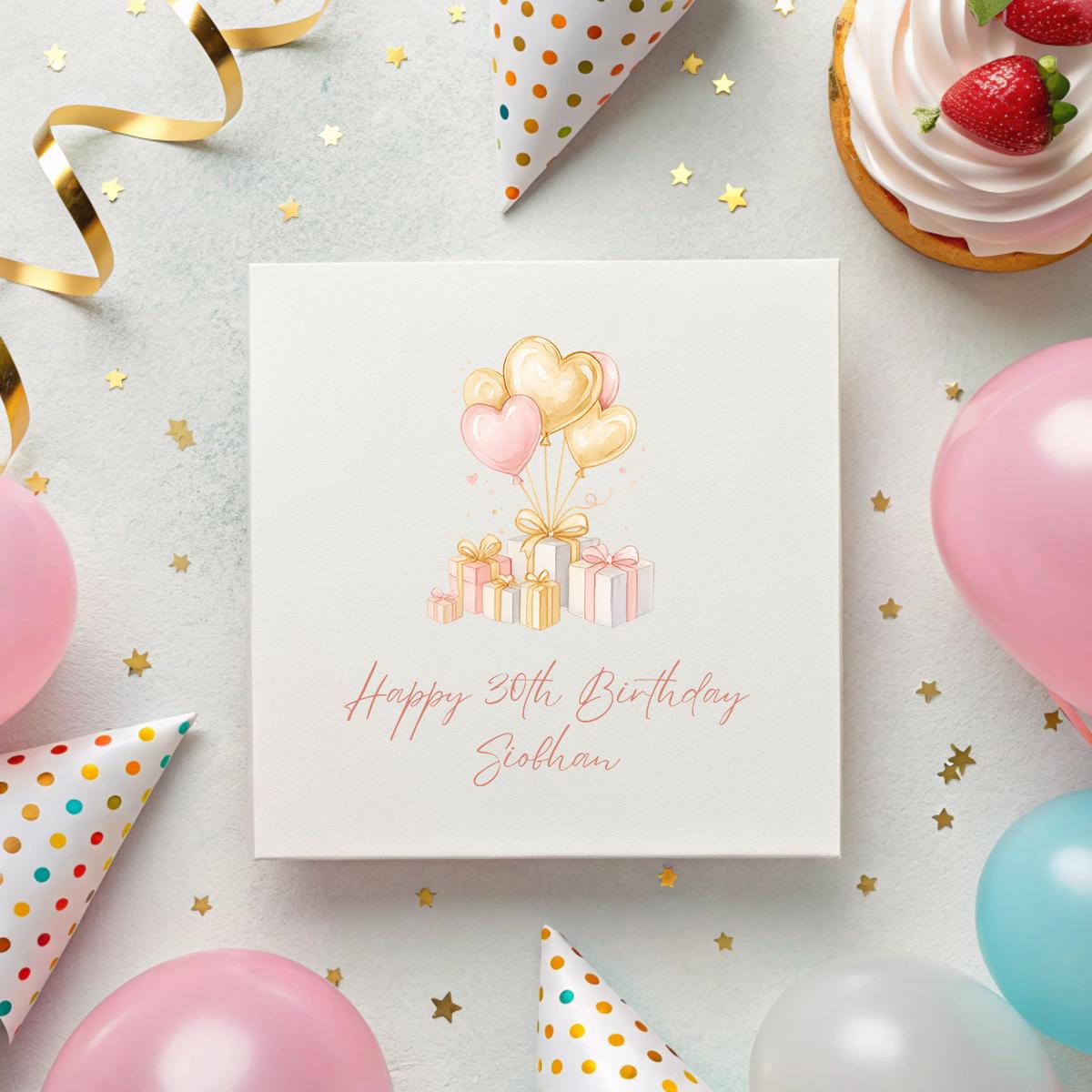 Personalised Birthday Card – Balloon + Gift Design – Custom Age & Name – 6x6" Hammered Card