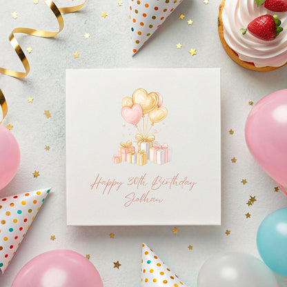 Personalised Birthday Card – Balloon + Gift Design – Custom Age & Name – 6x6" Hammered Card
