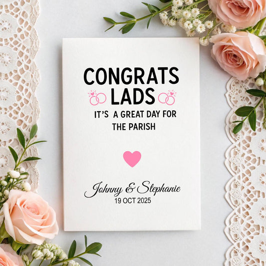 Funny Wedding Card | Congrats Lads | Great Day for the Parish | Personalised Irish Wedding Card | A5 Linen Card | Custom Names & Date