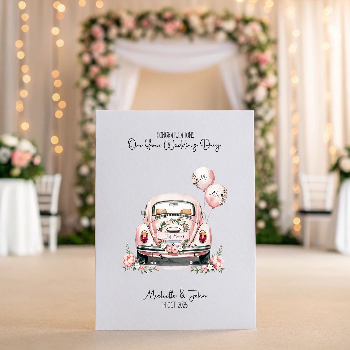 Personalised Soft Pink Just Married Car Wedding Card – A5 Linen Keepsake with Names & Date