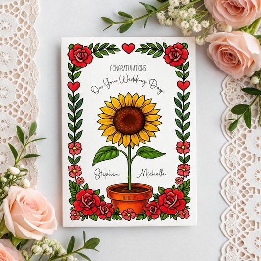 Personalised Sunflower Wedding Card – Custom Names & Date
