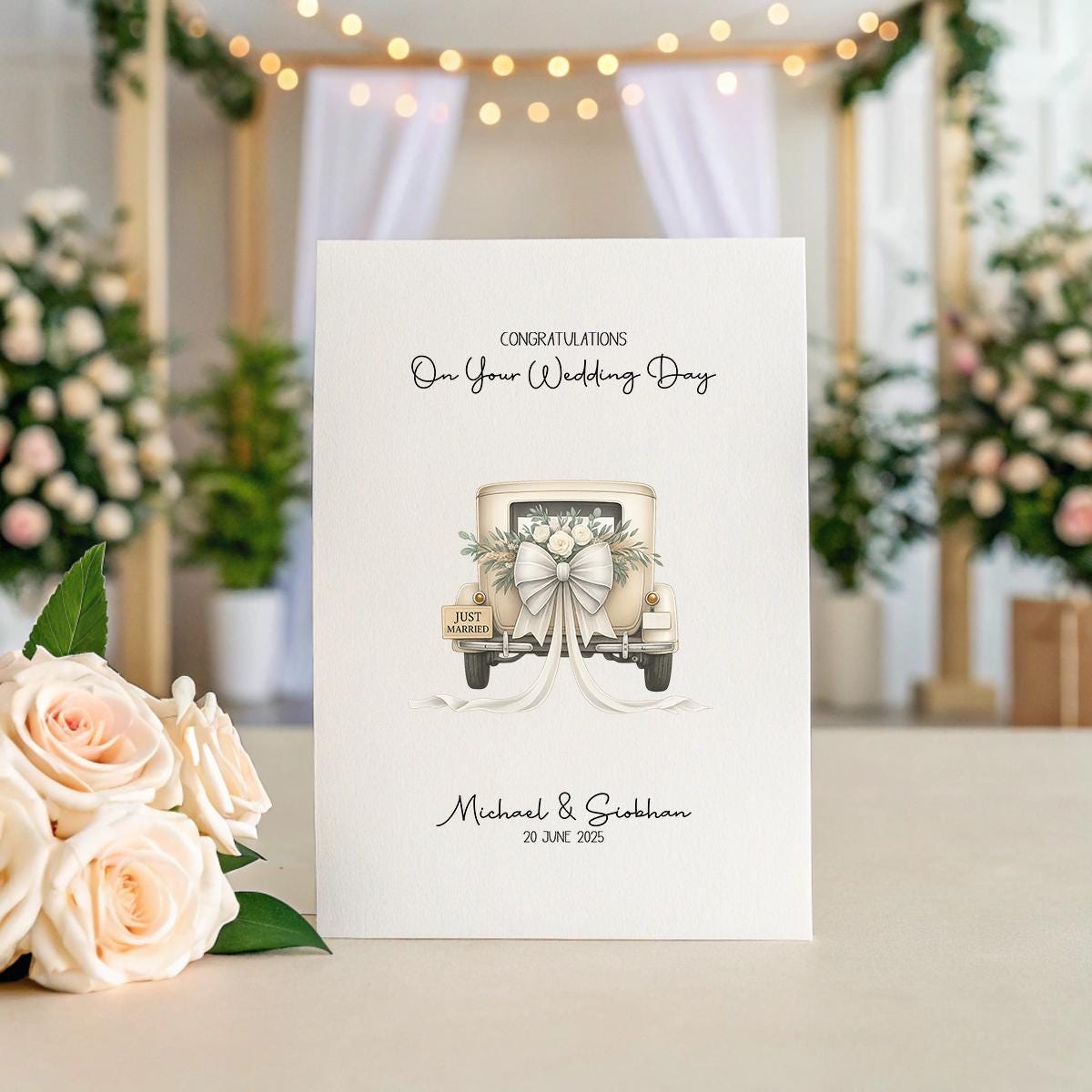 Personalised Vintage Car Wedding Card – Custom Names & Date with Optional Message