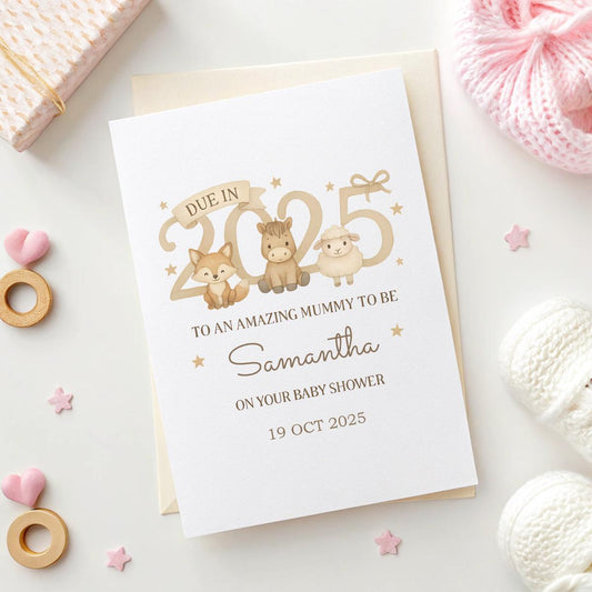 Personalised Baby Shower Card – Due in 2025, Cute Woodland Animals, Custom Name & Date, Mummy to Be Card, Baby Shower Gift Ireland