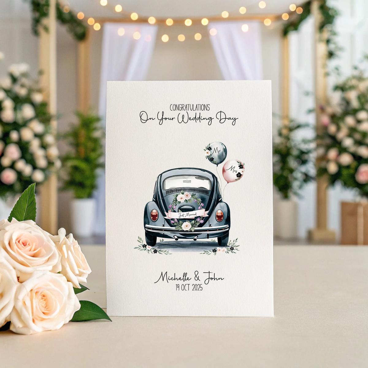 Personalised Just Married Car Wedding Card – A5 Linen Keepsake with Names & Date