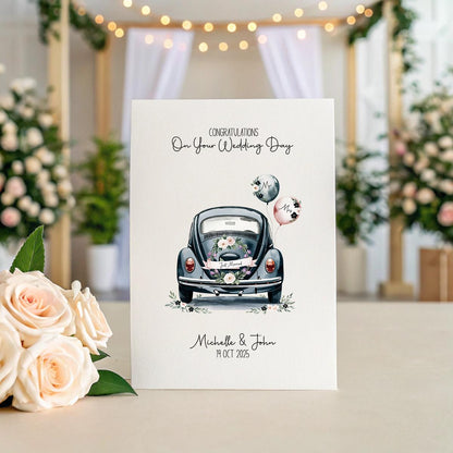 Personalised Just Married Car Wedding Card – A5 Linen Keepsake with Names & Date