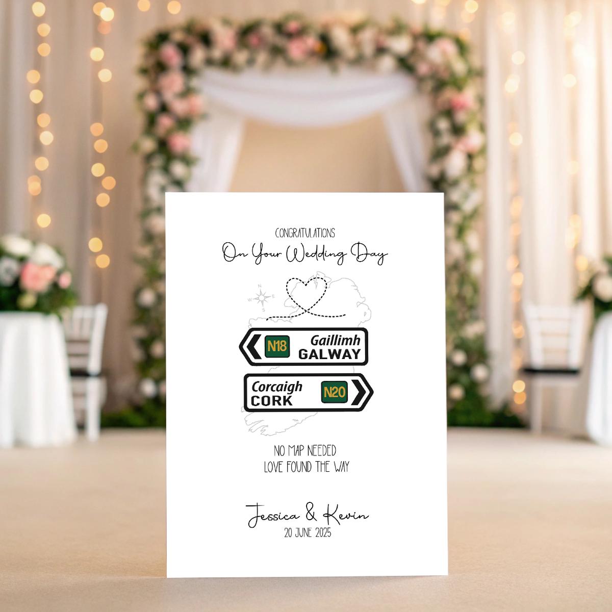 Personalised Irish Road Sign Wedding Card – County Signs, Names & Date, Keepsake