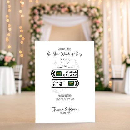 Personalised Irish Road Sign Wedding Card – County Signs, Names & Date, Keepsake