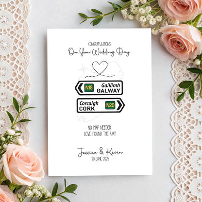 Personalised Irish Road Sign Wedding Card – County Signs, Names & Date, Keepsake