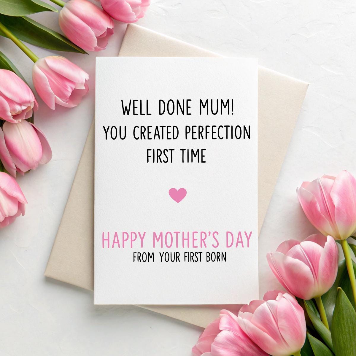 Personalised First‑Born Mother’s Day Card – Funny A5 Linen ‘Well Done Mum’, Name Option